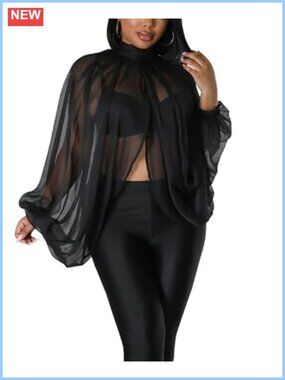 Womens Sheer Chiffon Bell Sleeve Blouse Mock Neck Open Back Party Top